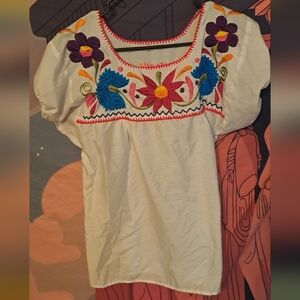 Embroidered White Top with Colorful Floral Design